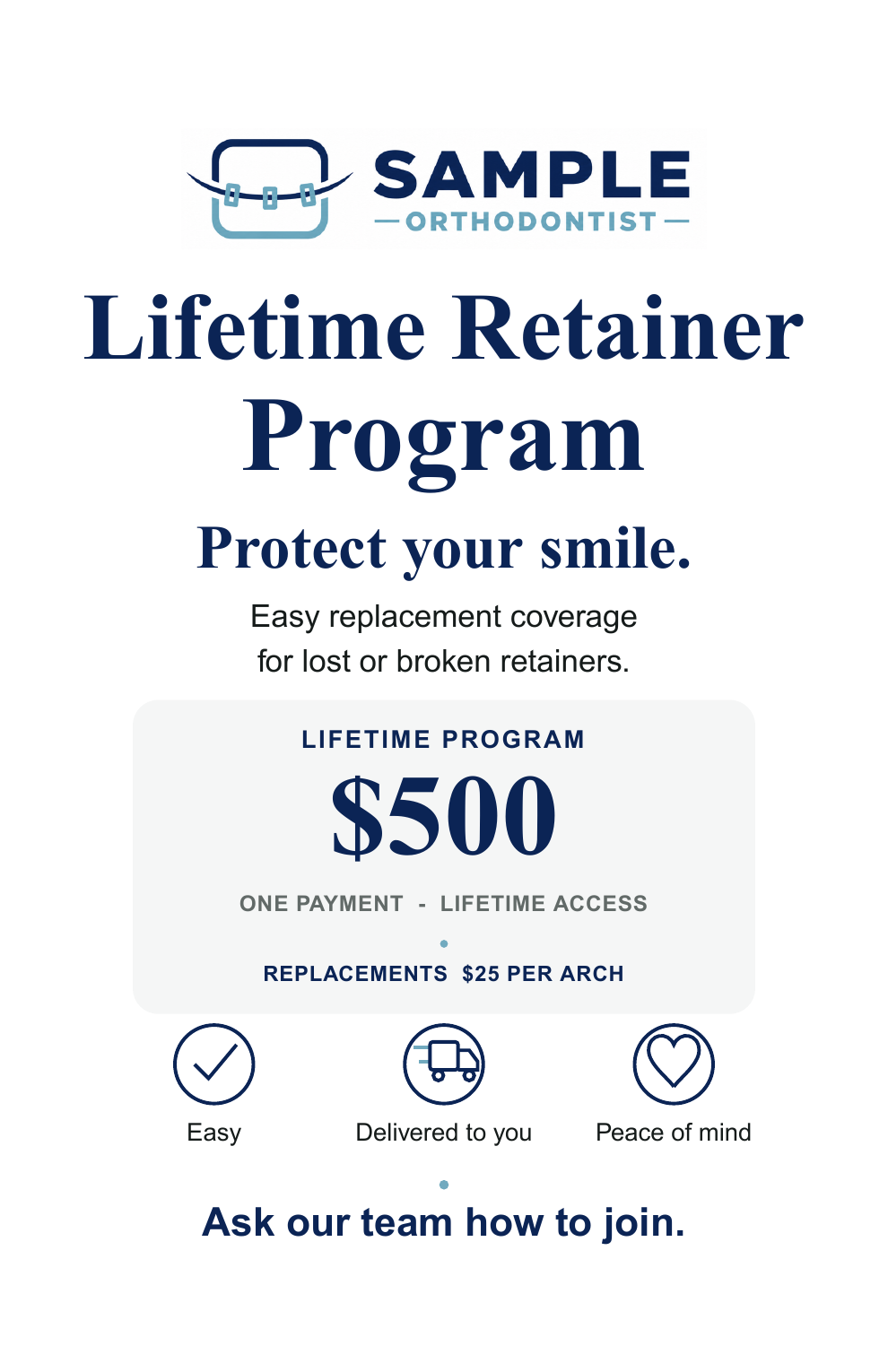 Test Orthodontics lifetime retainer program patient handout generated by Retainer Connect