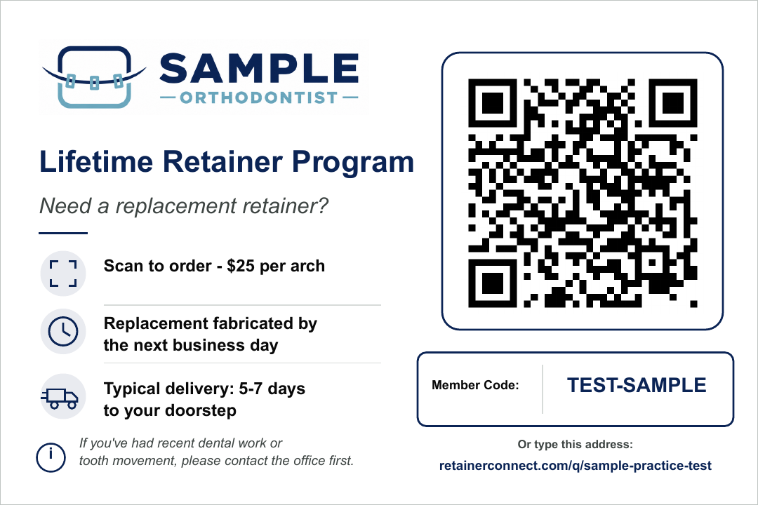 Test Orthodontics sample patient QR card generated by Retainer Connect